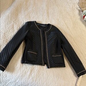 New Lapis Black Faux Leather Quilted Jacket with Beaded Trim